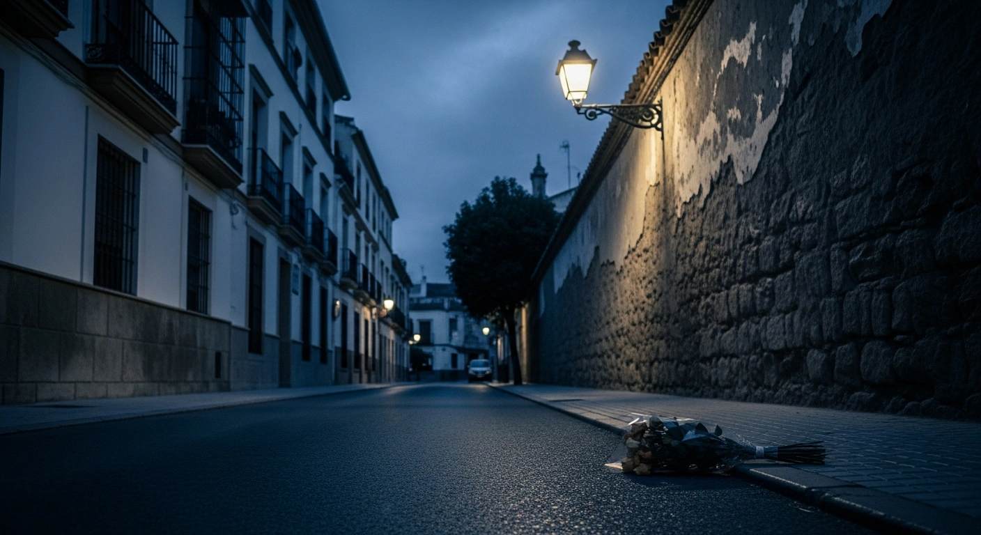 A somber scene featuring a bouquet of flowers on a quiet street in Seville, representing the investigation into a gender-based violence incident.