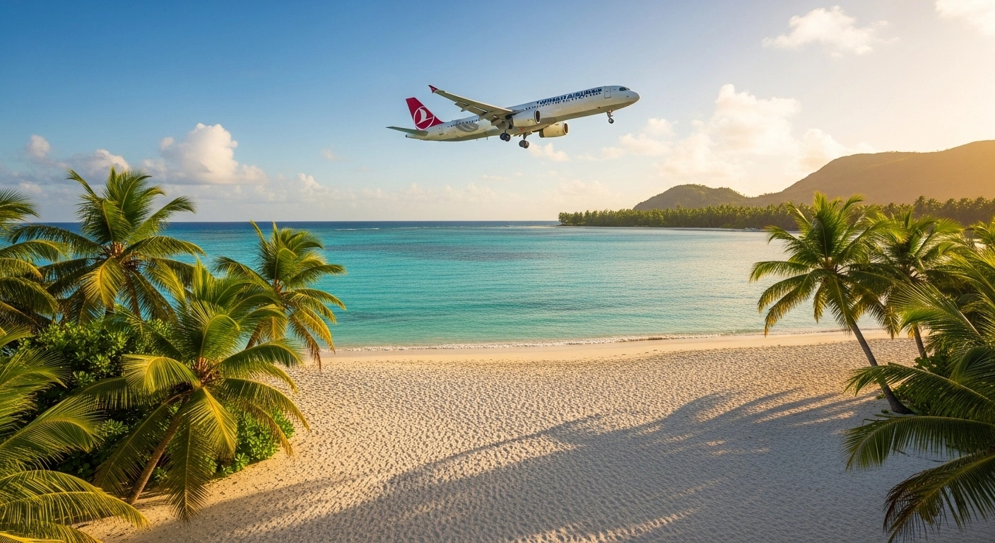 A Turkish Airlines jet descends towards a pristine Seychelles beach at golden hour, symbolizing the strengthened tourism relationship and new direct flights between Turkey and Seychelles.