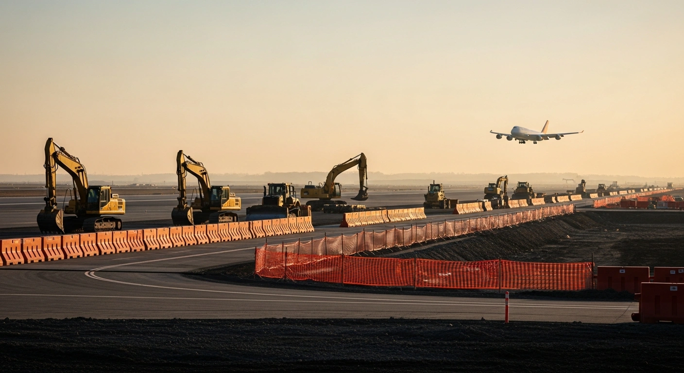 A commercial airplane approaches a runway at San Francisco International Airport where construction equipment is parked for infrastructure upgrades.