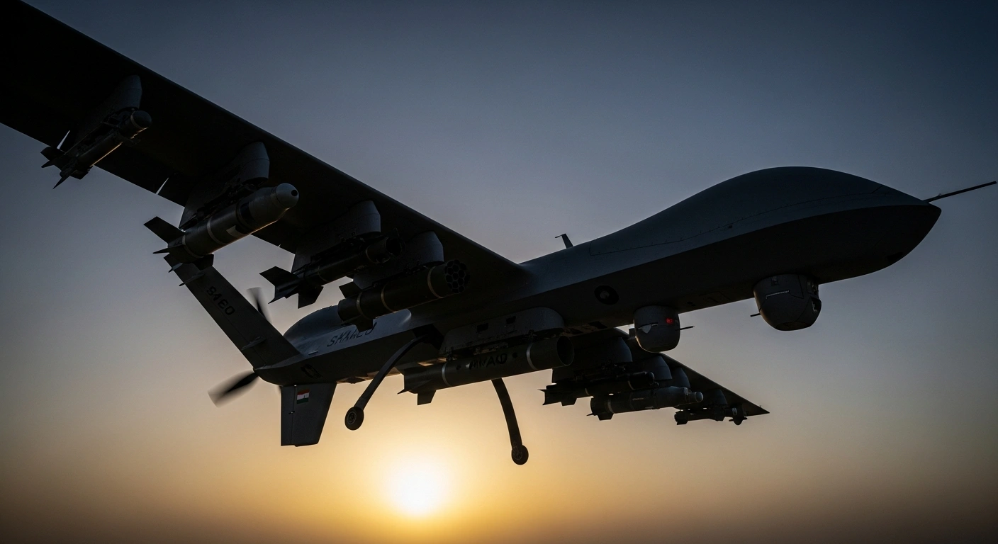 A modified Shahed long-range strike drone, equipped with a Man-Portable Air Defense System (MANPADS), is silhouetted against a dramatic twilight sky, representing Russia's new drone warfare tactic targeting Ukrainian aircraft.