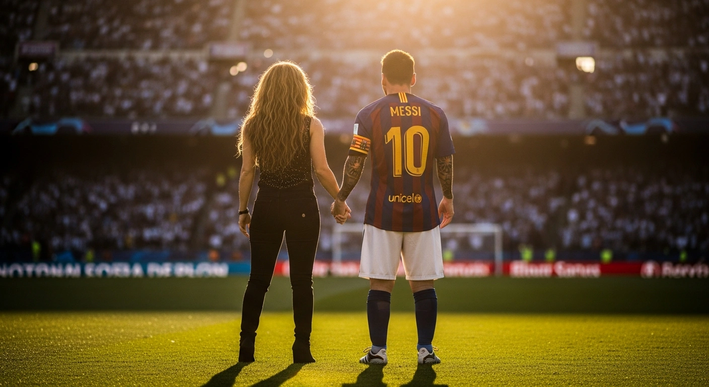 Shakira and Lionel Messi stand together on a soccer field to promote the 2026 FIFA World Cup.