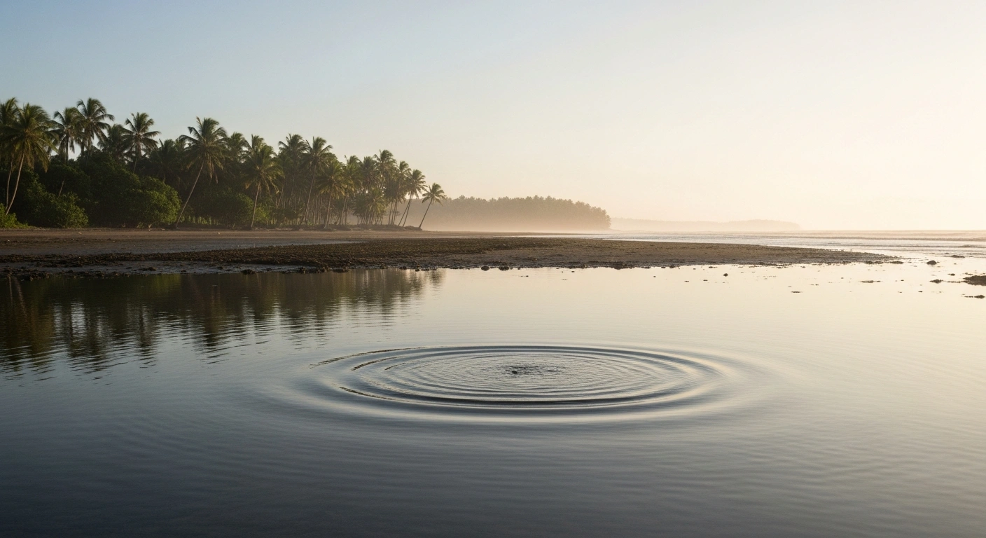 A serene coastal landscape in Papua, Indonesia, with palm fronds swaying and a subtle ripple in a tidal pool, depicting the aftermath of a shallow magnitude 4.5 earthquake near Jayapura.