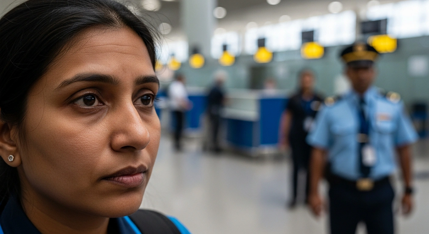 A close-up shot shows an Indian woman from Arunachal Pradesh with a weary expression under harsh fluorescent lighting, against a blurred background of an airport immigration counter, symbolizing her alleged 18-hour ordeal at Shanghai Pudong Airport.