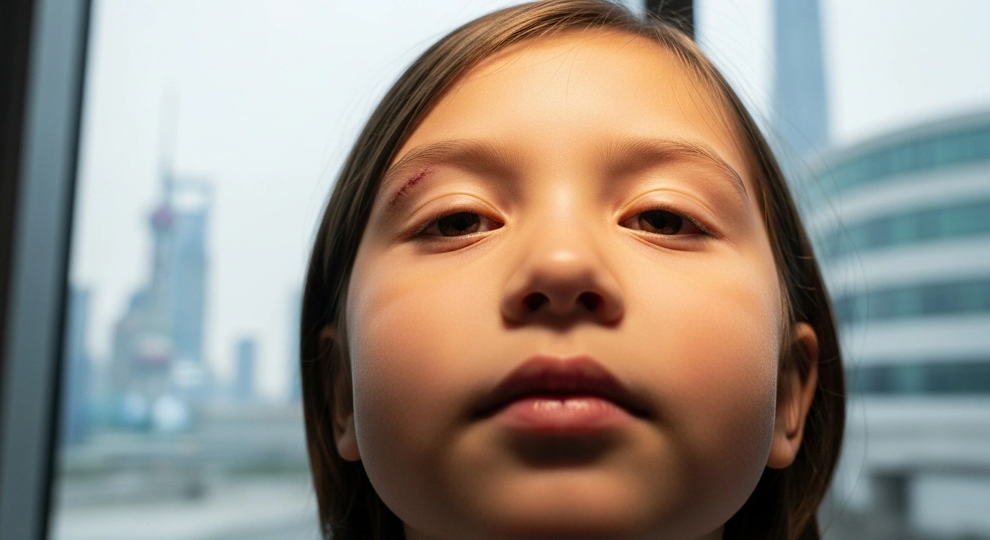 A young child with a faint, healed scar on their temple looks hopeful, with a blurred background of a modern medical facility and the Shanghai skyline, symbolizing Shanghai's expertise as an international medical hub for advanced craniofacial surgery in children.