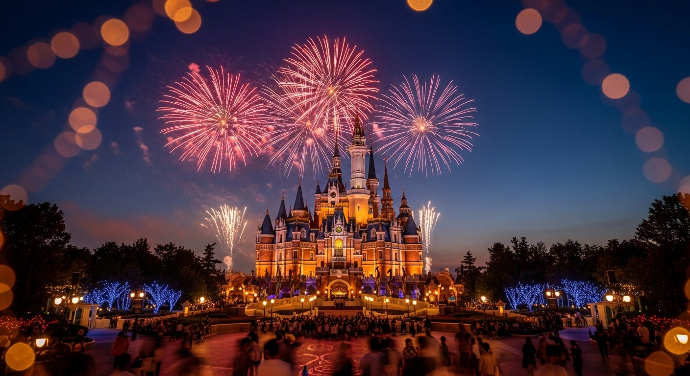 The Enchanted Storybook Castle at Shanghai Disney Resort is illuminated by a grand fireworks display during the park's tenth anniversary celebration.
