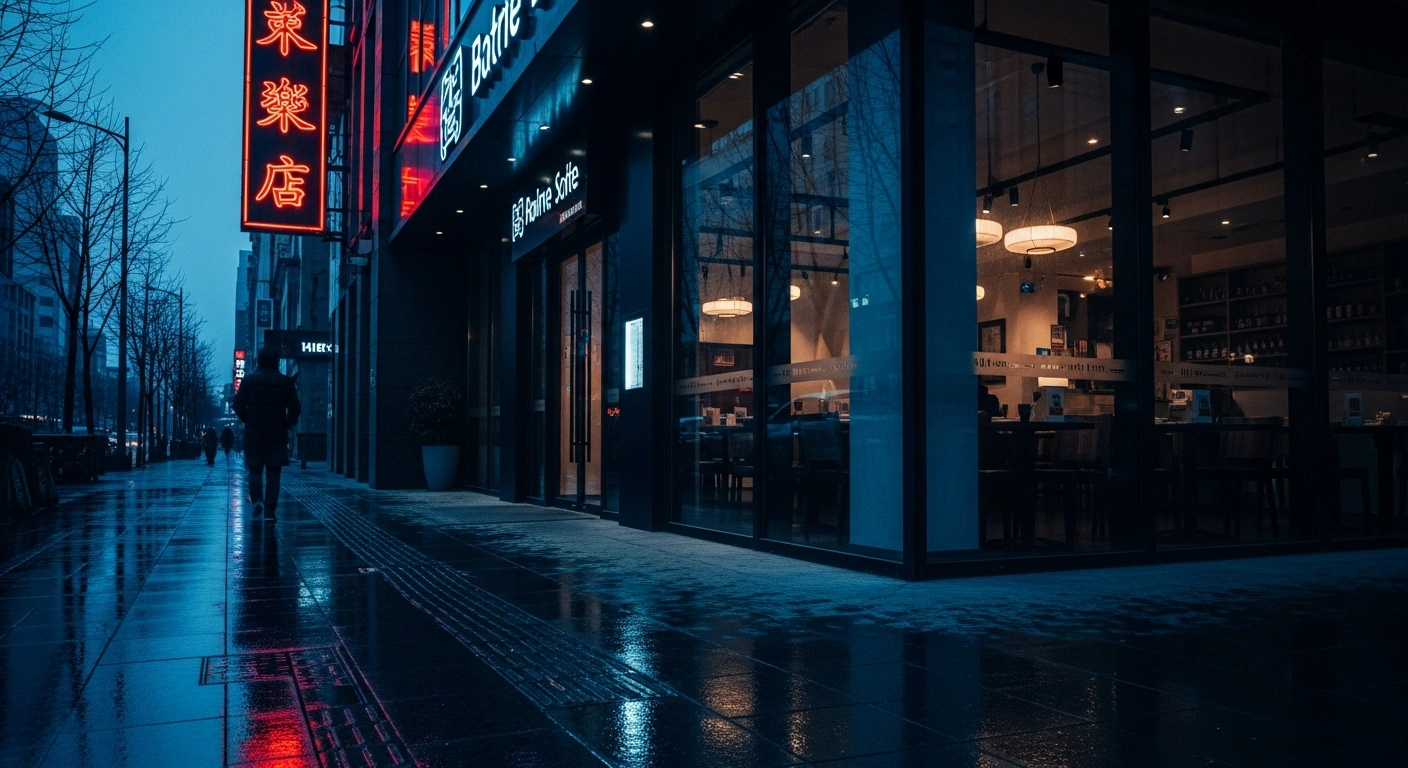 The exterior of a restaurant in Shanghai at night where the Japanese government has requested an investigation into an attack on two Japanese nationals.