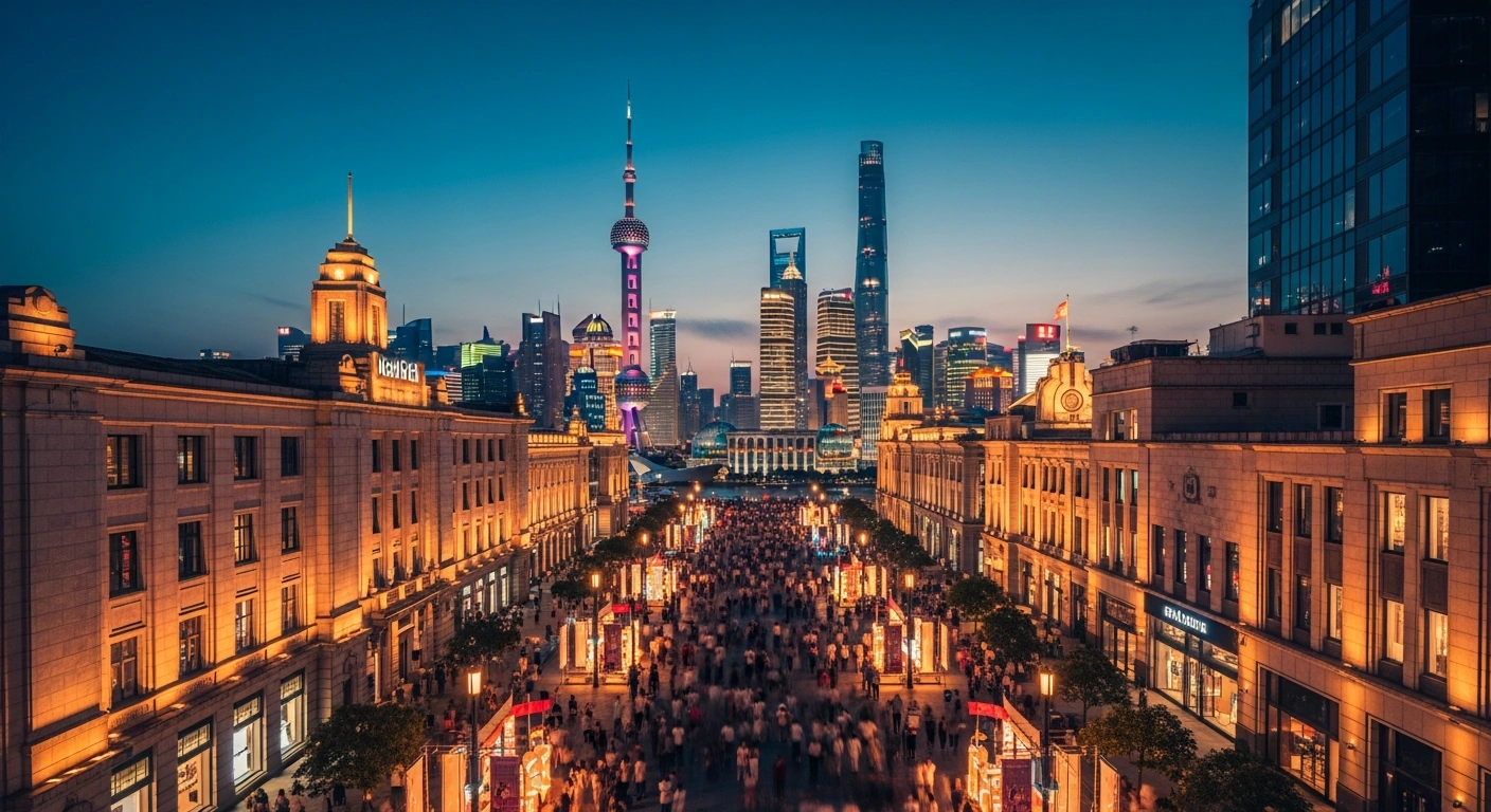 The Shanghai skyline glows at twilight during the 2026 Shanghai Summer International Consumption Season, highlighting the city's vibrant commercial and tourism districts.
