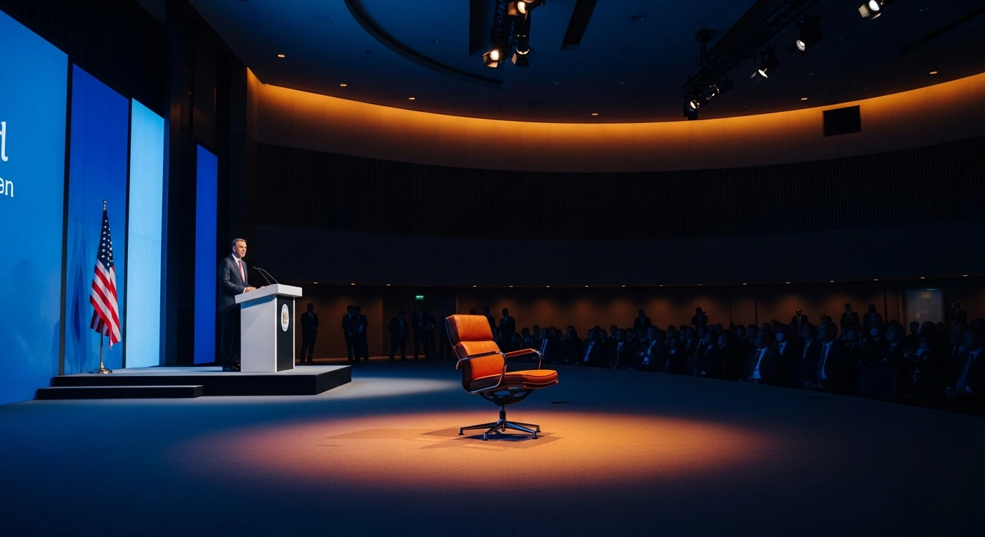 An empty chair sits on the stage at the Shangri-La Dialogue in Singapore while U.S. Secretary of Defense Pete Hegseth delivers a keynote address to the summit attendees.