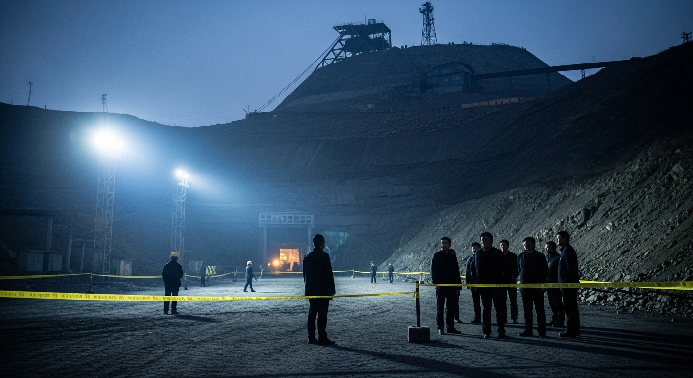 Government officials stand near the entrance of a coal mine in Shanxi province to investigate a fatal explosion.