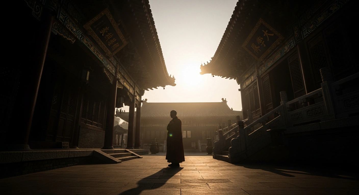 The abbot of the Shaolin Temple stands in a stone courtyard as he faces formal charges of embezzlement and bribery in China.