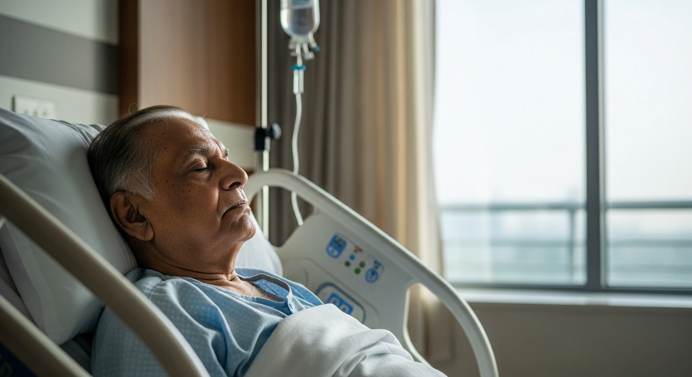 A serene, softly lit medium close-up shows an elderly Indian man, resembling politician Sharad Pawar, resting peacefully in a hospital bed, indicating his stable condition during treatment for a chest infection.