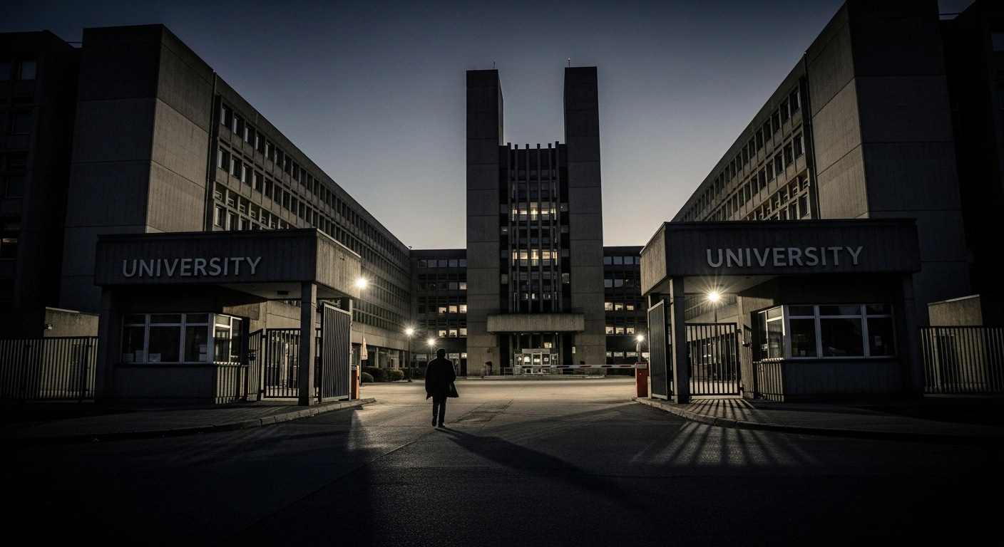 A solitary student walks away from the imposing concrete entrance of Sharif University of Technology in Tehran following a disciplinary crackdown.