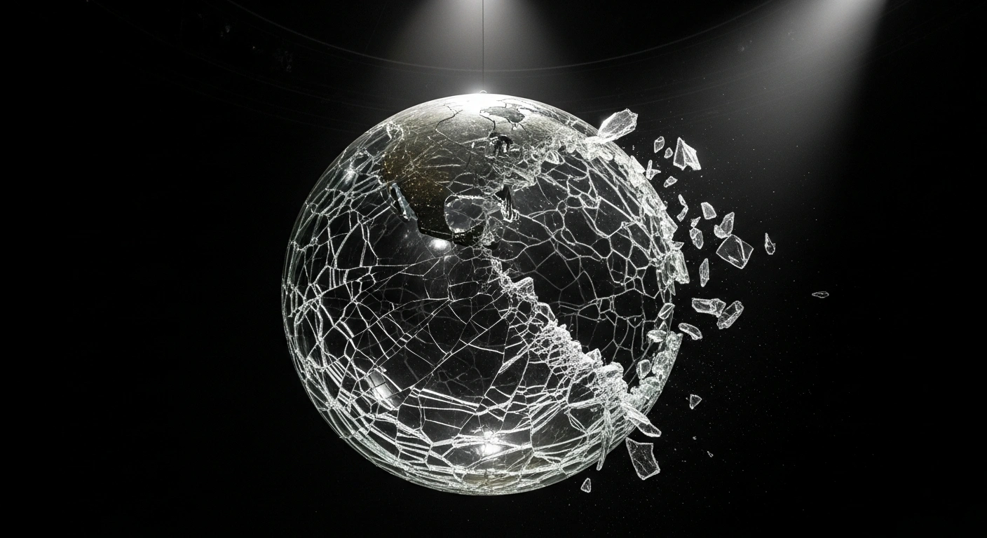 A dramatically lit, colossal, translucent glass globe actively shattering into jagged fissures, suspended in a dark void, symbolizing the fragmentation of international order as discussed by Russian Foreign Minister Sergei Lavrov concerning US actions.