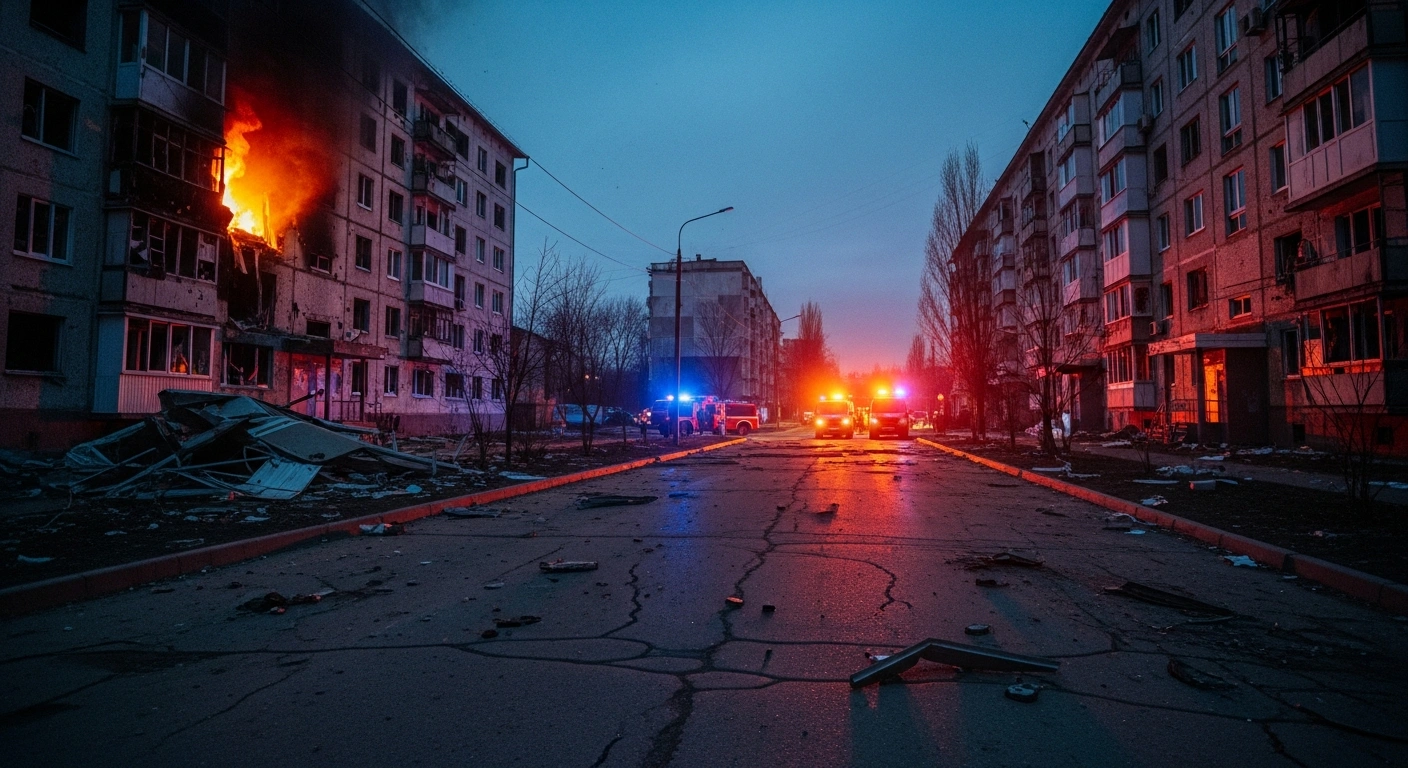 Emergency responders and damaged residential buildings in Shebekino following Ukrainian drone strikes in the Belgorod region.