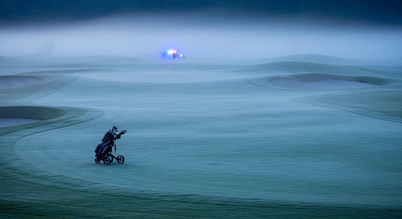 A wide, slightly elevated shot captures a dew-covered golf course fairway at dawn, shrouded in a cold blue mist, with a single abandoned golf cart in the foreground and a distant, rhythmic police cruiser light, depicting the scene of a fatal shooting in Sheboygan Falls, Wisconsin, involving Giovanni Michael Robinson and Luis E. Cruz Burgos.