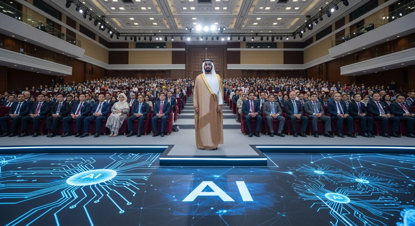 A distinguished leader, representing Sheikh Khaled bin Mohamed bin Zayed Al Nahyan, Crown Prince of Abu Dhabi, stands on a stage before a global assembly, with a futuristic AI display in the background, symbolizing the India AI Impact Summit in New Delhi.