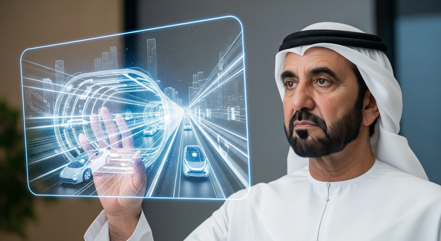 His Highness Sheikh Mohammed bin Rashid Al Maktoum reviews a holographic display showcasing the Dubai Loop and Glydways advanced mobility projects, featuring autonomous electric vehicles in futuristic underground tunnels for urban transportation in Dubai.