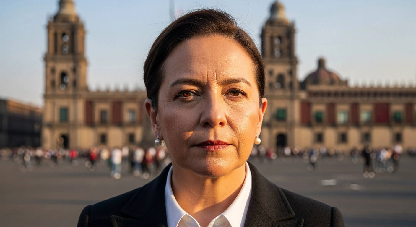 A determined Mexican President Claudia Sheinbaum, her gaze resolute, stands in a public square with a blurred crowd and historic architecture in the background, symbolizing her commitment to justice and stronger anti-harassment laws after a public incident.