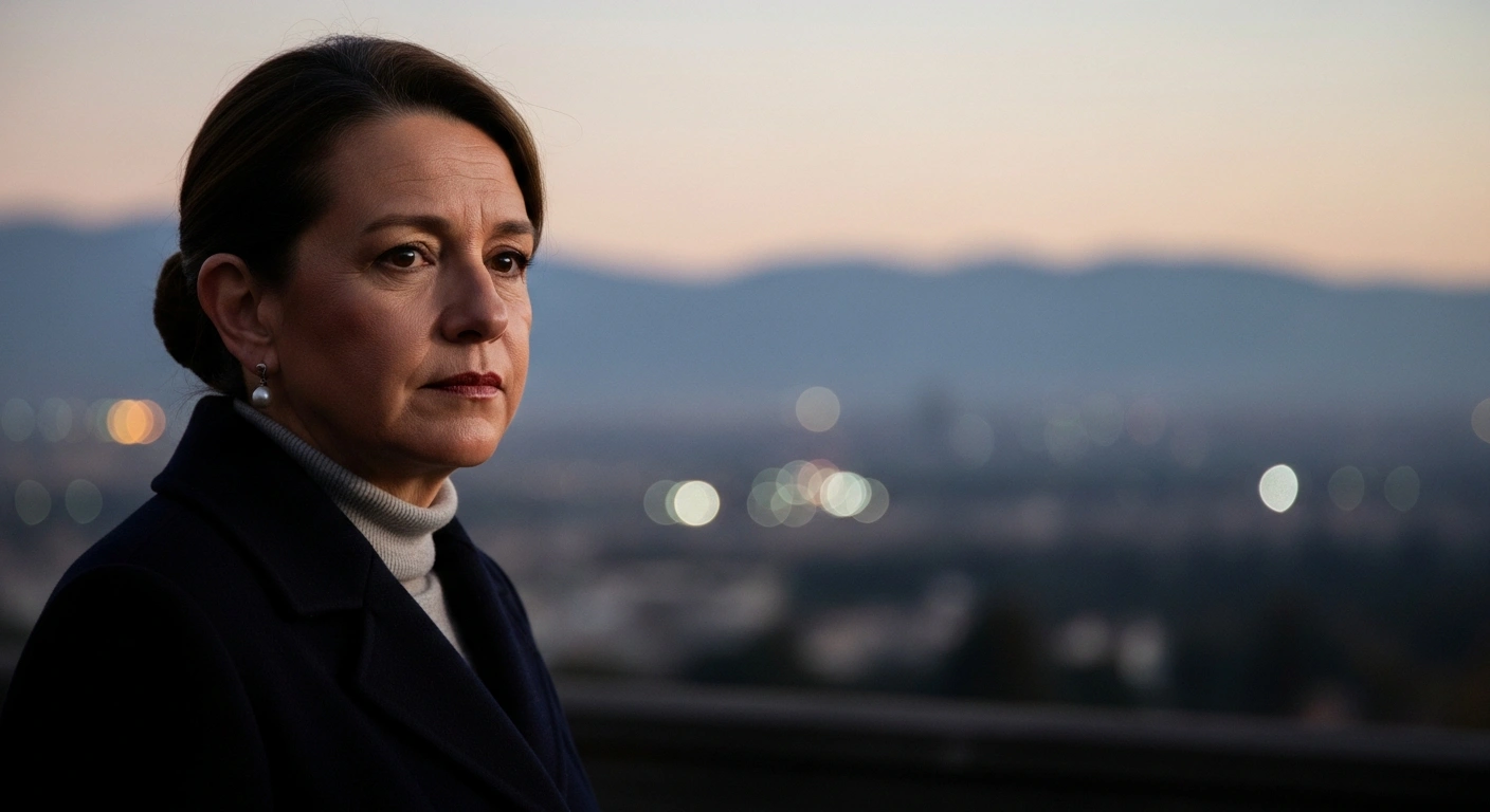 Mexican President Claudia Sheinbaum is depicted in a solemn, determined close-up, with dramatic lighting and a blurred city background, symbolizing her commitment to the Michoacán Plan for Peace and Justice to combat organized crime and enhance security following the assassination of Uruapan Mayor Carlos Manzo.