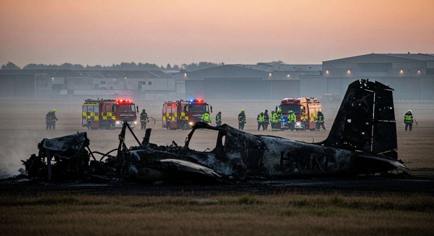 Charred wreckage of a Piper Cherokee Lance light plane lies in a field at Shellharbour Airport near Wollongong, New South Wales, with investigators examining the scene after a crash shortly after takeoff claimed three lives.