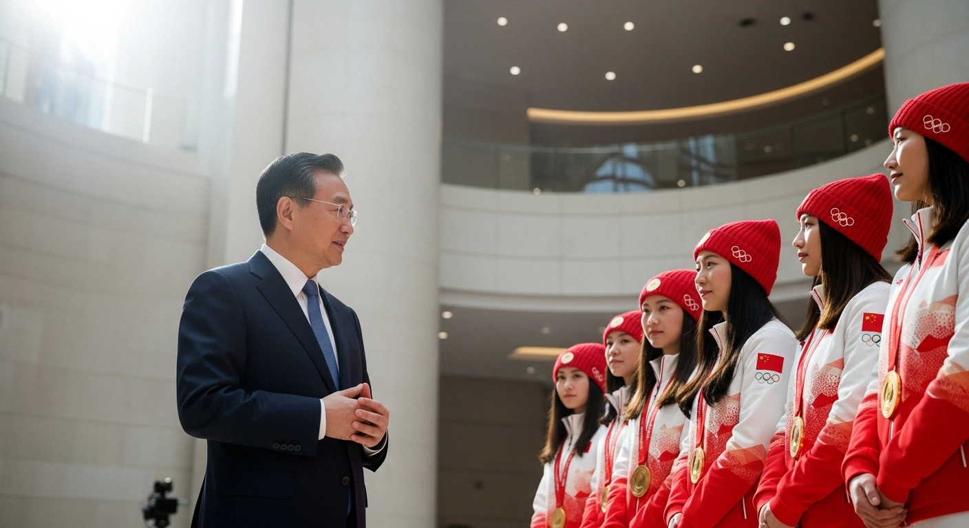 Chinese State Councilor Shen Yiqin addresses a group of Winter Olympians in a grand hall, commending their medal-winning performance and encouraging them for future Olympic preparations.