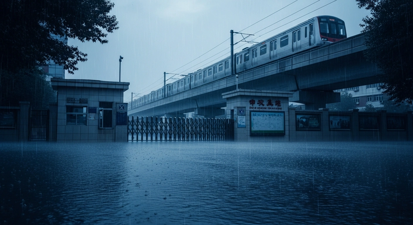 A rain-drenched street in Shenyang, China, shows rising floodwaters and suspended train services as emergency protocols are enacted.