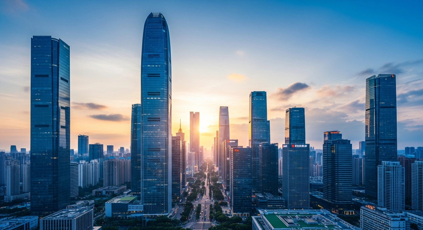 A panoramic view of the futuristic Shenzhen skyline at dusk, symbolizing China's role as host for the 33rd APEC Economic Leaders' Meeting in November 2026.