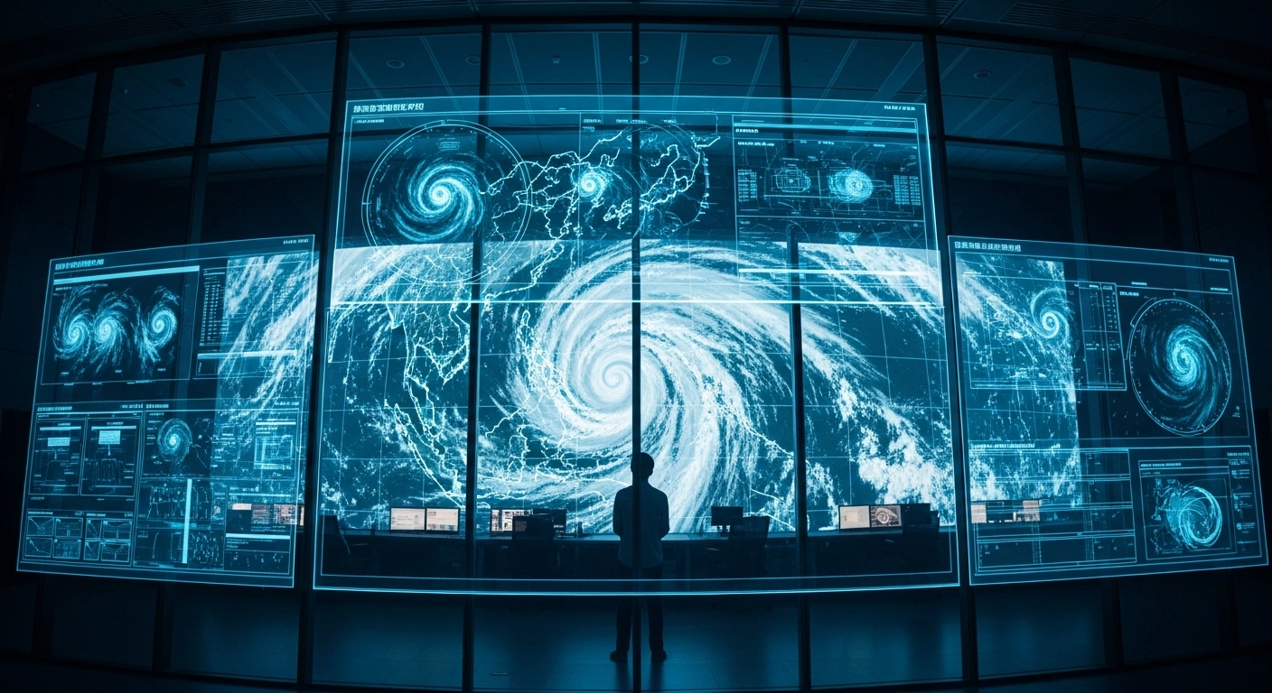 A researcher analyzes a high-tech digital weather model of a typhoon in a Shenzhen command center to improve disaster preparedness.