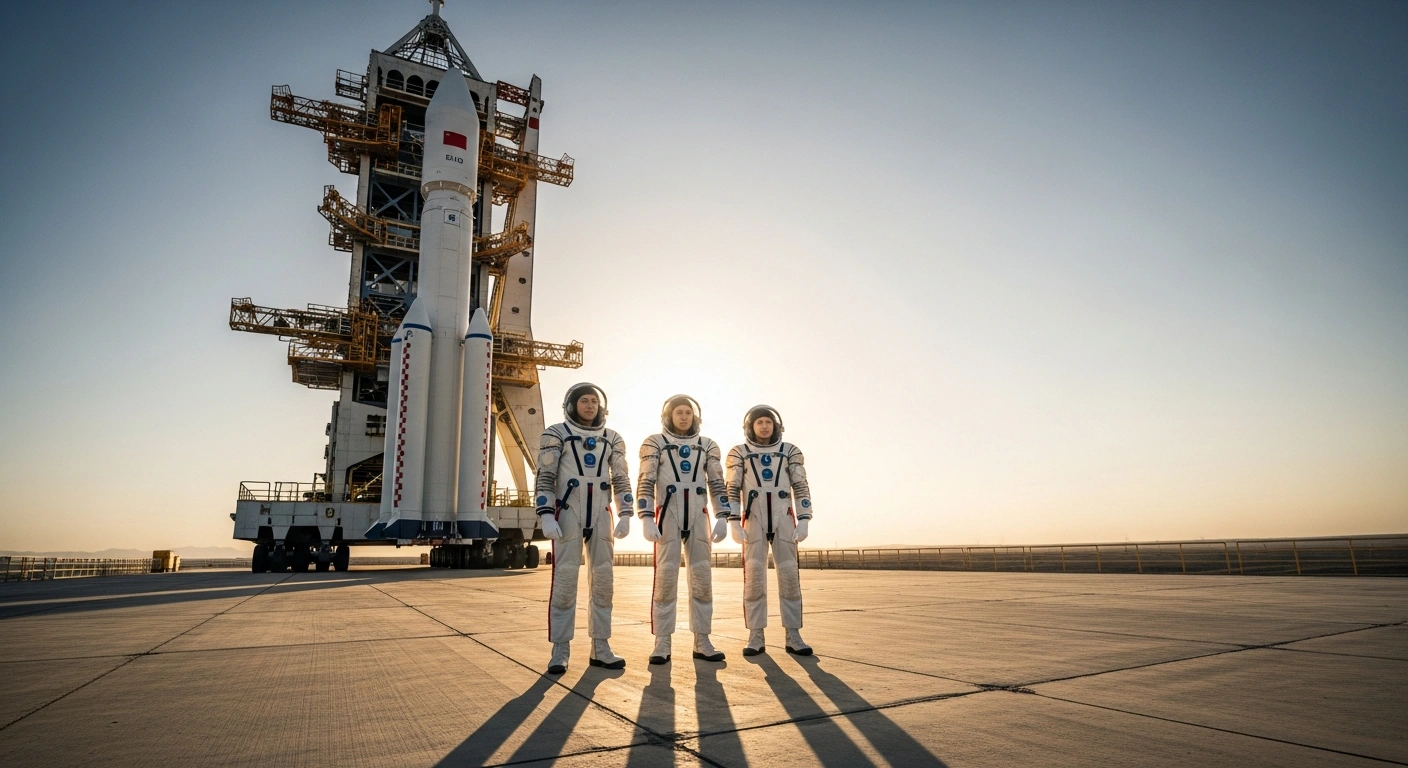 Three Chinese astronauts in flight suits stand in front of a rocket at the Jiuquan Satellite Launch Center for the Shenzhou-23 mission.