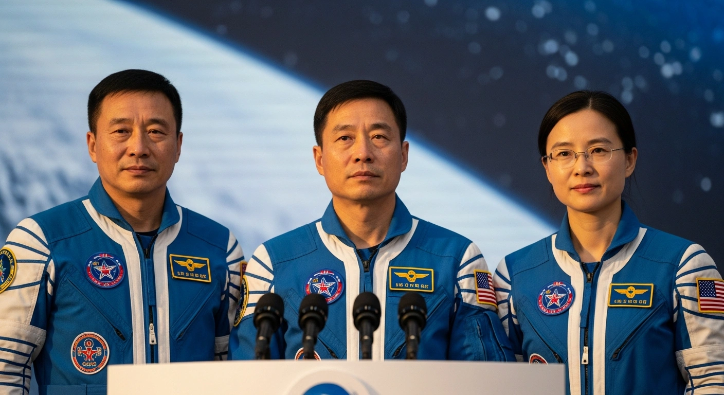 Three Chinese astronauts, Chen Dong, Chen Zhongrui, and Wang Jie, stand at a press conference podium in Beijing, their faces showing relief after returning from their 204-day mission to the Tiangong space station, which involved a space debris strike and a landing in the Shenzhou-21 spacecraft.