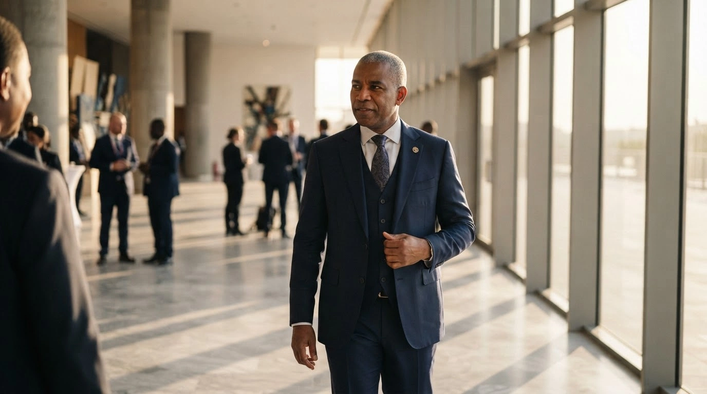 Nigerian Vice President Kashim Shettima walks through a modern building in Luanda, Angola, to attend the African Union summit.