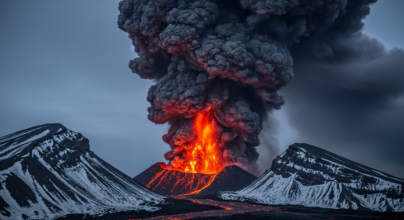 A massive ash column erupts from the Sheveluch volcano in Russia's Kamchatka region, reaching high into the atmosphere.