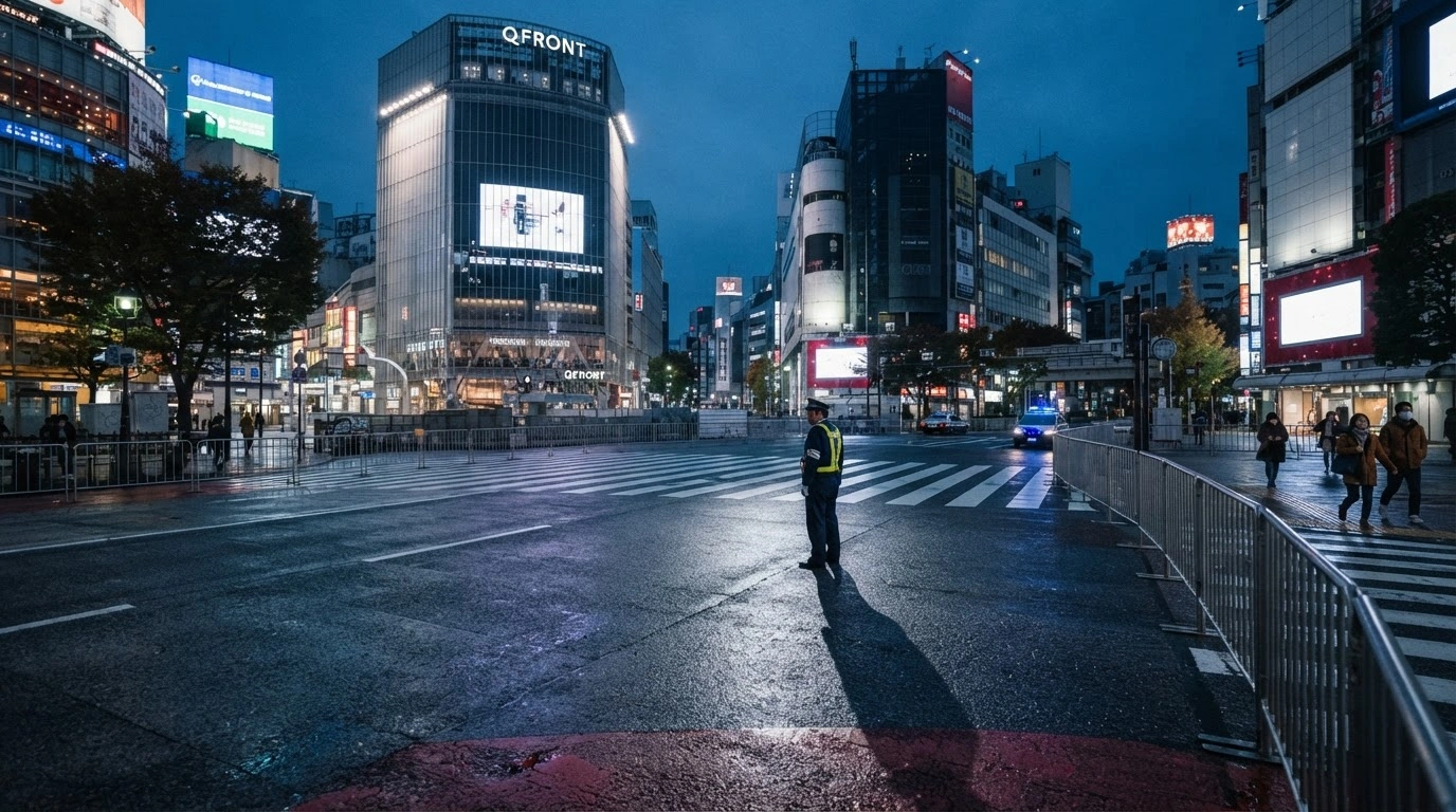 Empty streets and metal barricades block the Shibuya Crossing in Tokyo as part of new crowd control measures to prevent Halloween street parties.