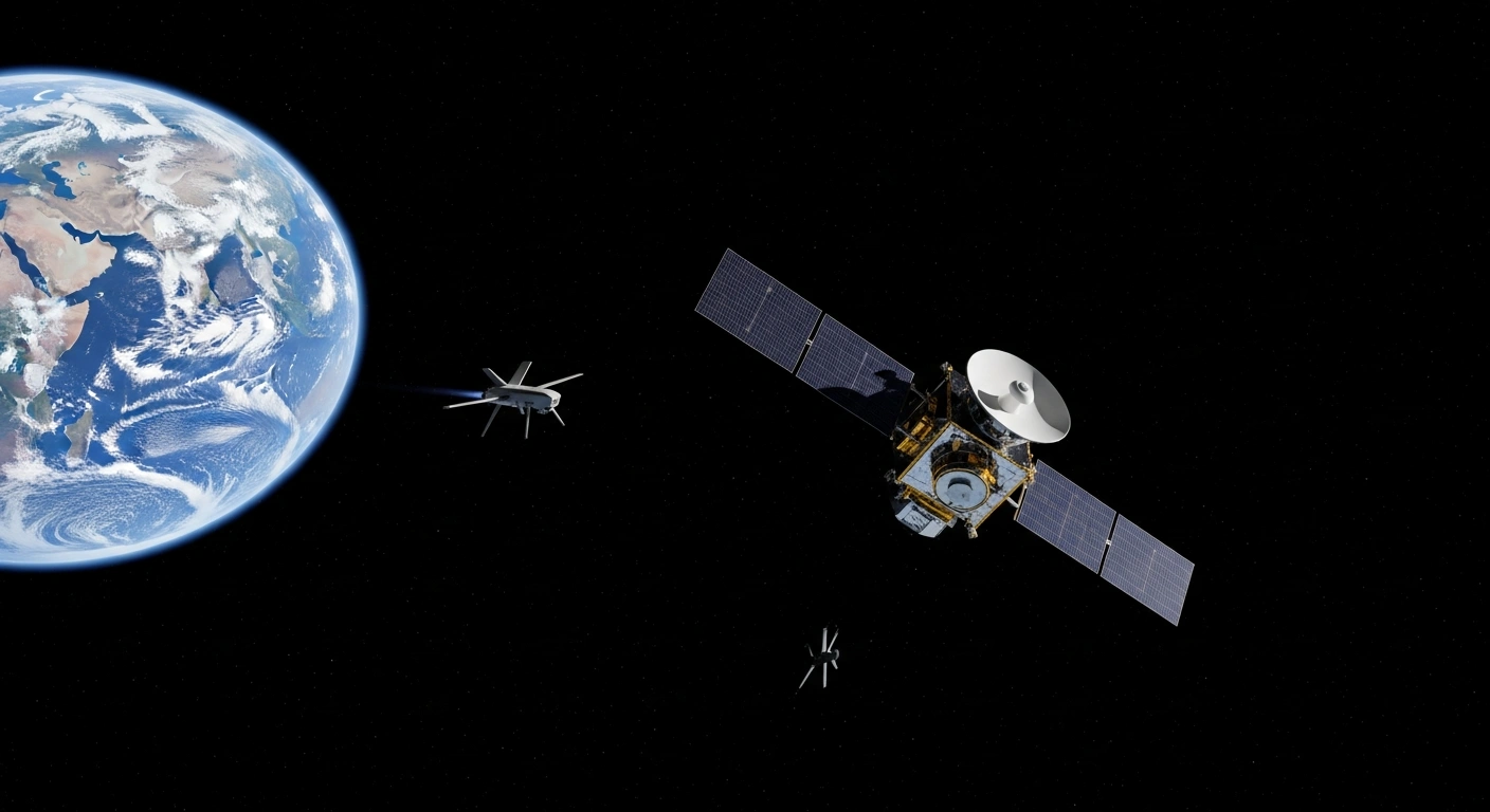 A sleek, advanced communications satellite orbits Earth in the vastness of space, protected by a smaller, agile autonomous defense drone, symbolizing Shield Space's investment in systems to safeguard satellites against orbital threats.