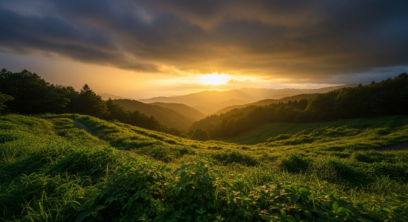 A landscape view of the Shikoku region in Japan showing the end of the rainy season as golden sunlight breaks through retreating storm clouds.