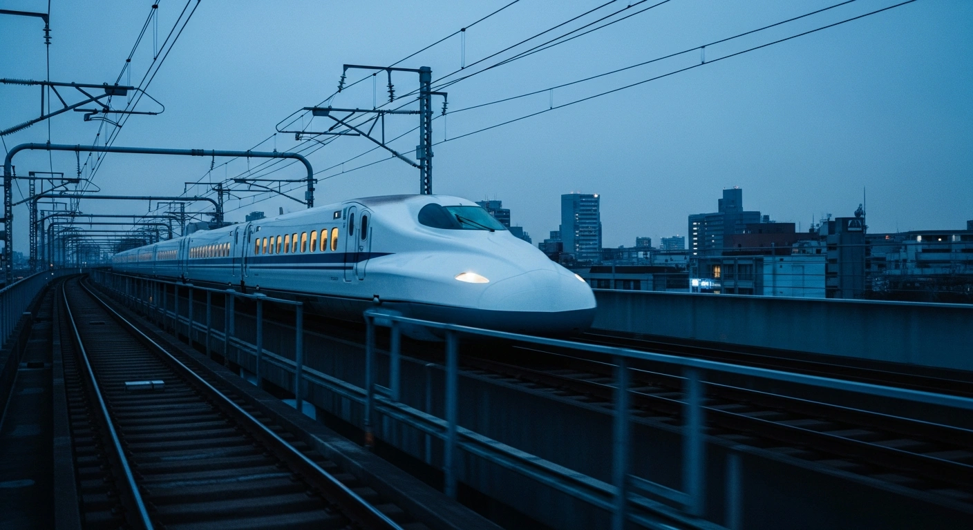 A high-speed Shinkansen bullet train travels along tracks in Japan after the resumption of services following a magnitude 5.6 earthquake.