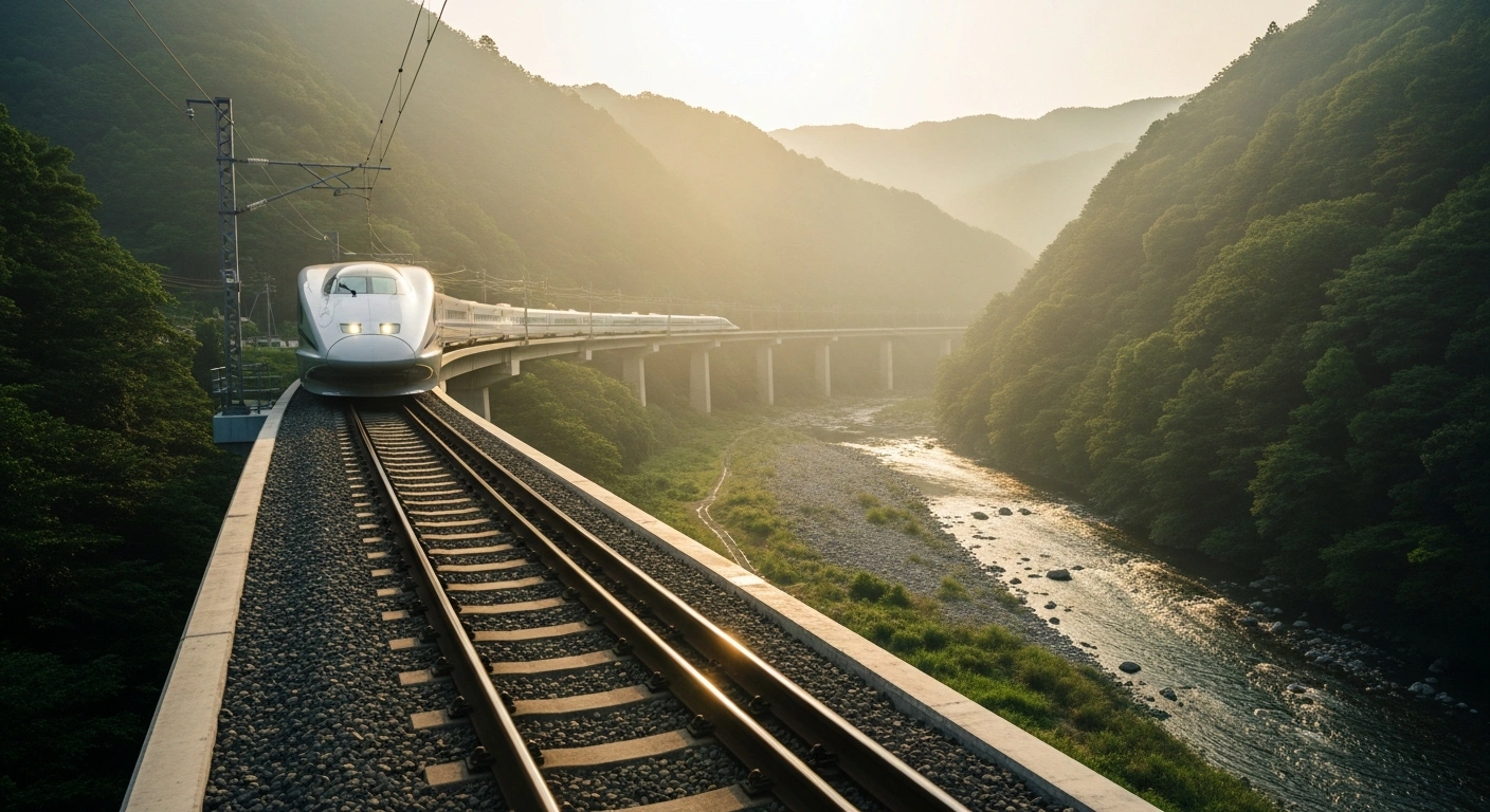A sleek Chuo Shinkansen maglev train travels across a bridge over the Oi River in Shizuoka after the governor approved the construction project.