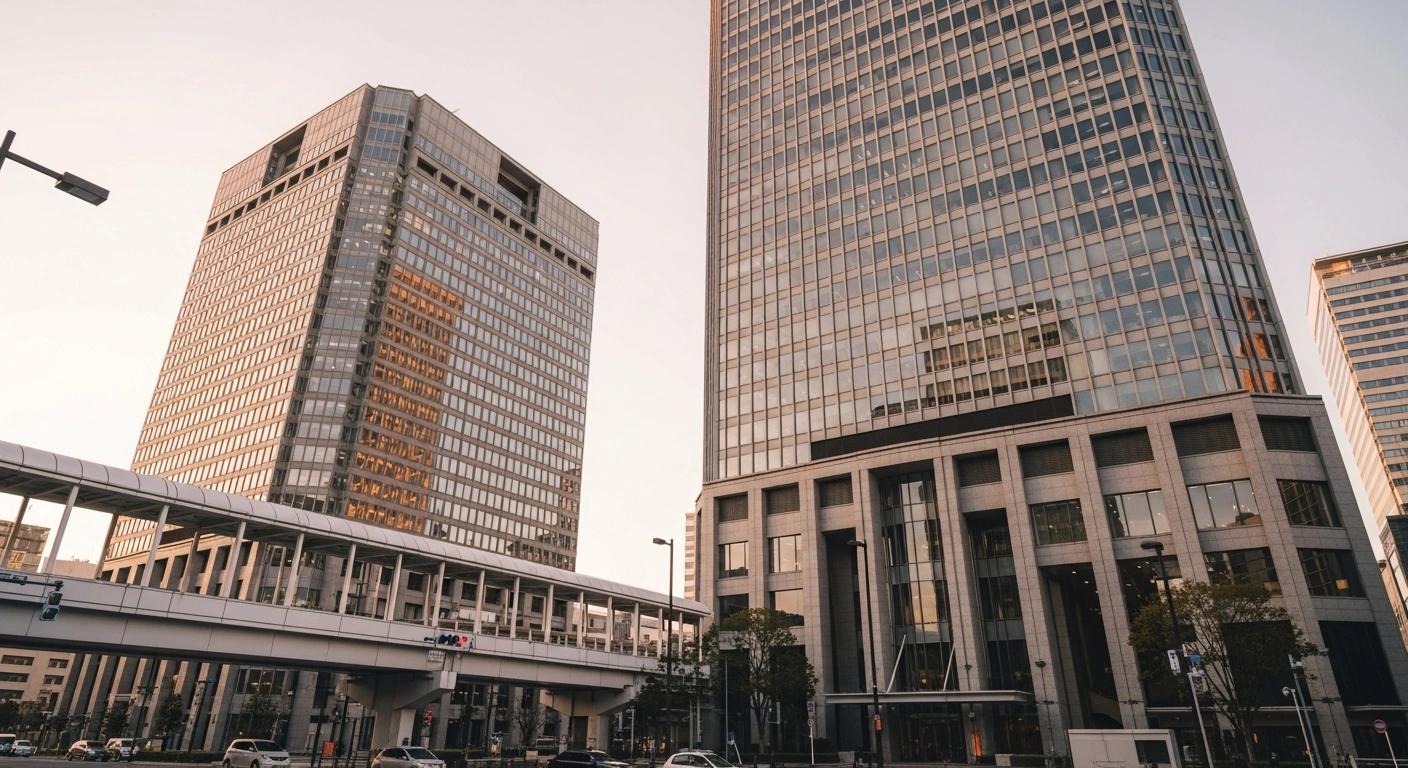 The modern headquarters of Shizuoka Financial Group and Bank of Nagoya stand side-by-side in Japan, representing their new strategic business alliance.