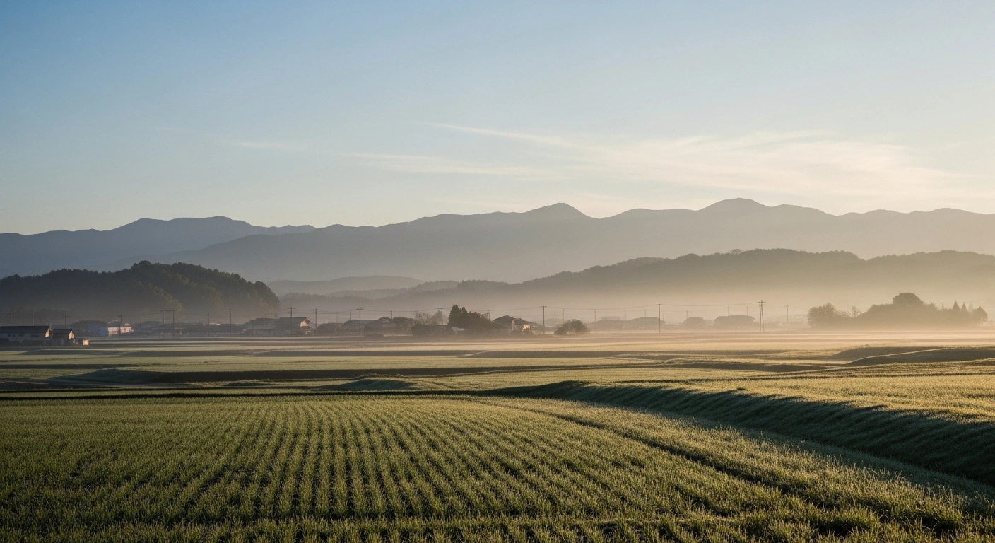 A peaceful landscape in Shizuoka Prefecture at dawn following a minor earthquake near Hamakita.