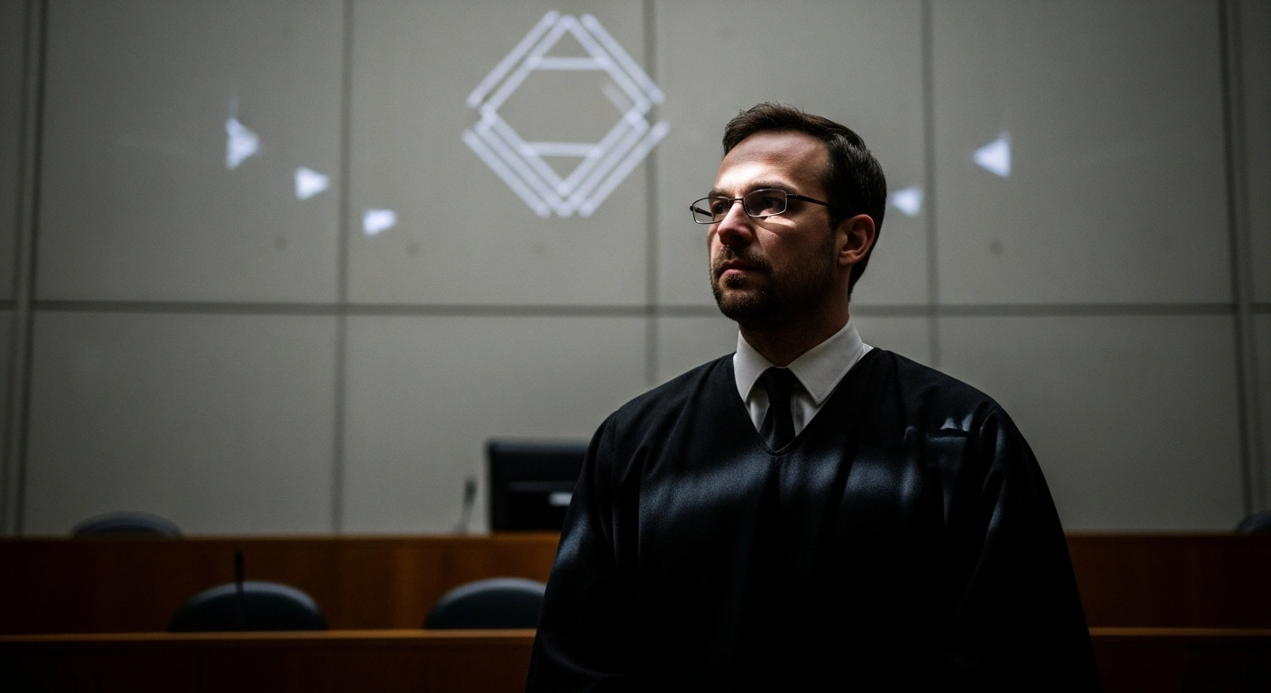 A solitary, defiant man stands in a stark, concrete courtroom under harsh, cold lighting, depicting the situation of Russian opposition politician Lev Shlosberg who was sentenced by a Pskov court for failing to label social media videos with his 'foreign agent' status amidst a crackdown on dissent.