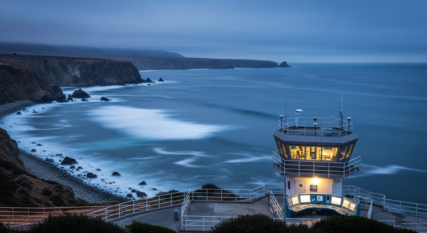 A calm view of the Chilean coastline at sunset, representing the SHOA's confirmation that there is no tsunami risk following the earthquake in the Philippines.