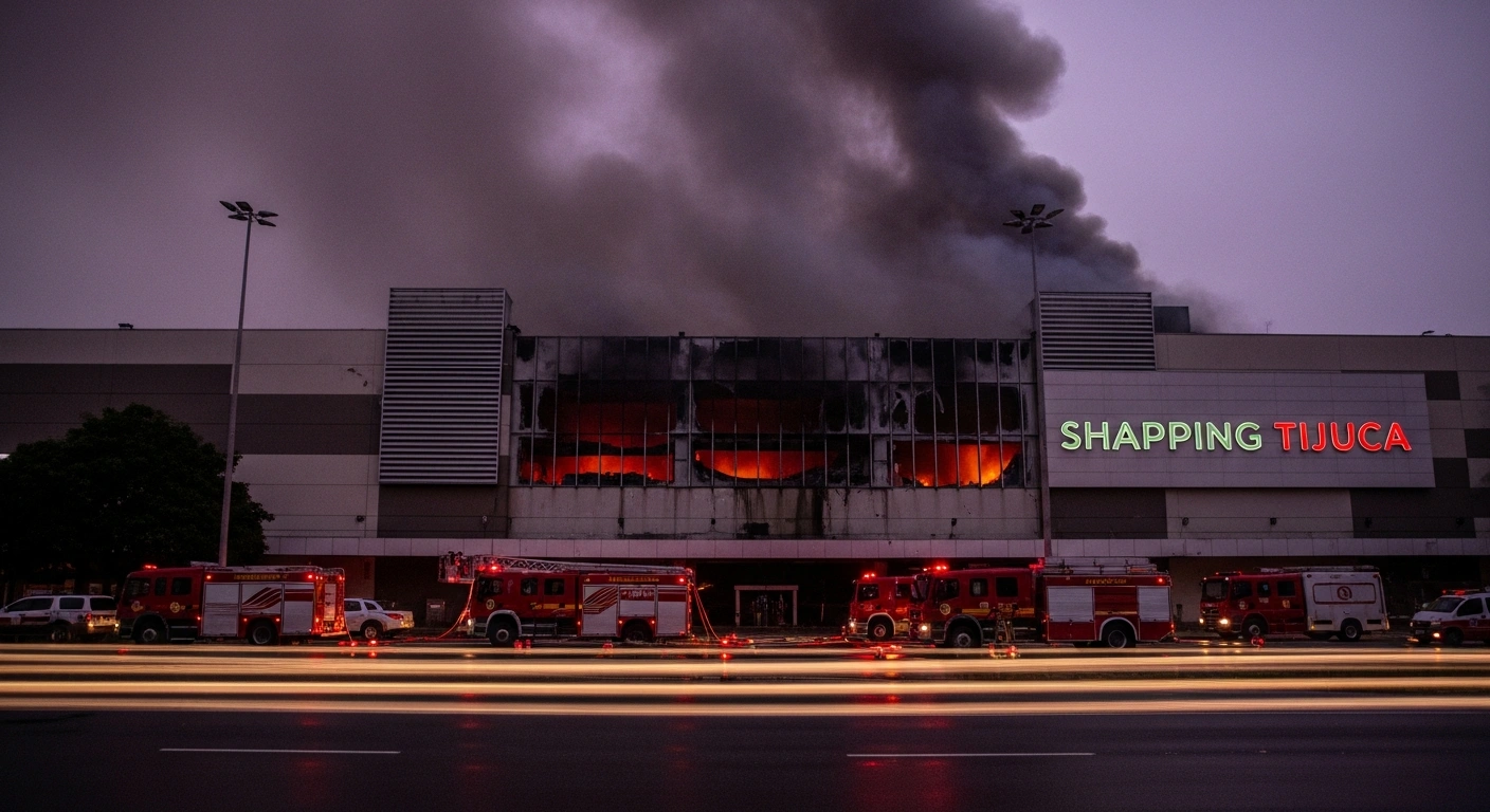 A wide, low-angle shot captures the exterior of Shopping Tijuca in Rio de Janeiro at dawn, with thick smoke billowing from the building and emergency vehicles present, following a devastating fire that resulted in two employee fatalities and an ongoing investigation.