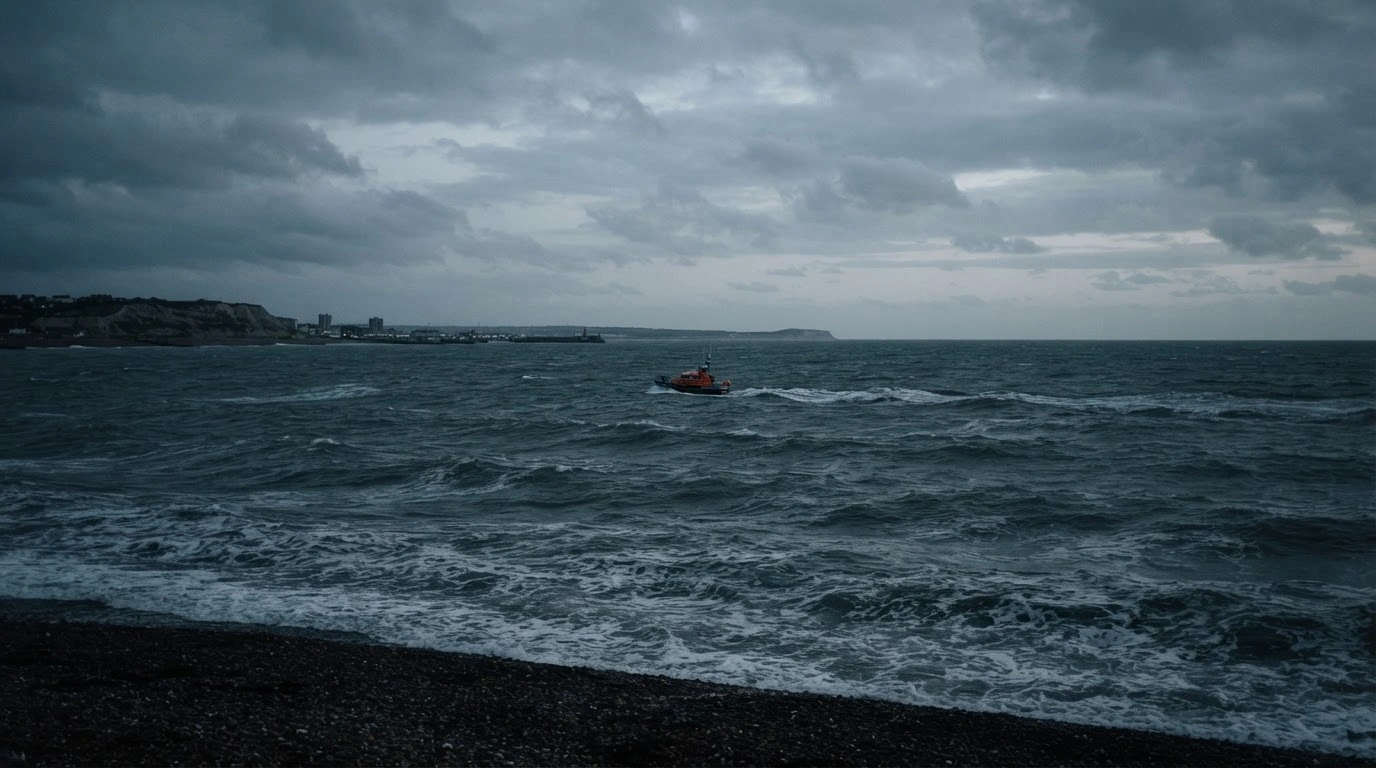 A rescue boat patrols the turbulent waters off the coast of Shoreham-by-Sea following a tragic drowning incident involving three family members.