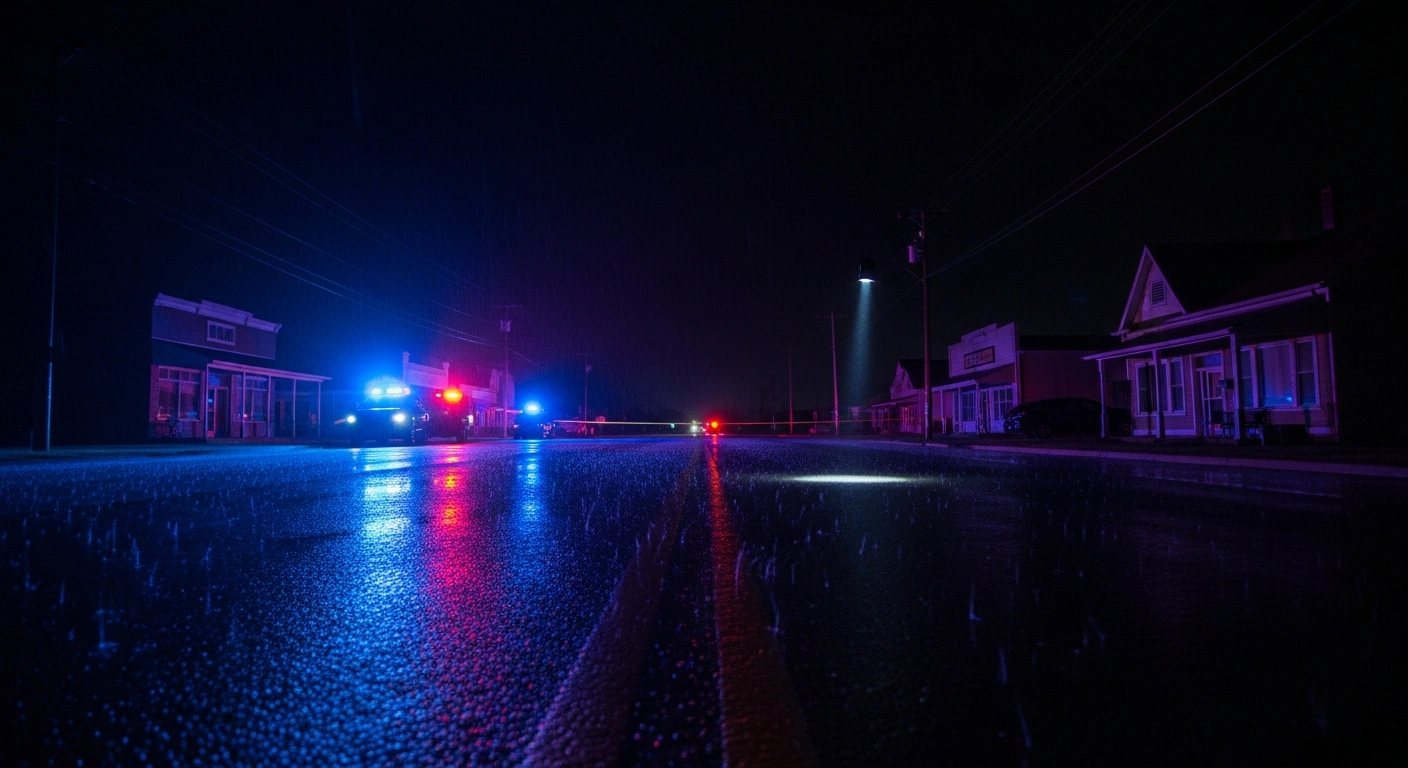 A wide, low-angle shot of a desolate, rain-slicked street at night in Shrirampur, Maharashtra, where police investigate the shooting death of Bunty Jahagirdar, with flashing emergency lights and a forensic light illuminating a spot on the ground.