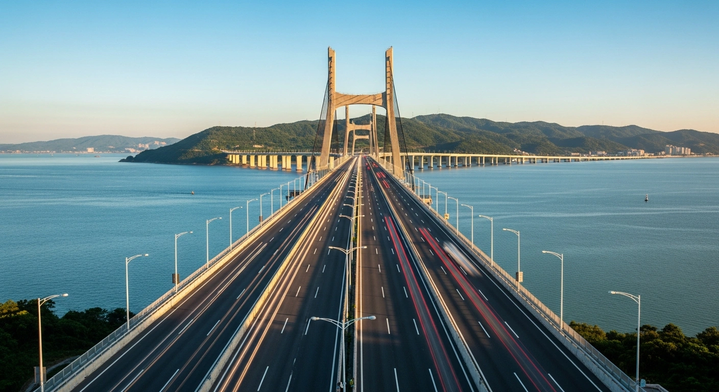 The newly opened Shuidong Bay Bridge spans across the water in Maoming, China, connecting the Dianbai and Maonan districts.