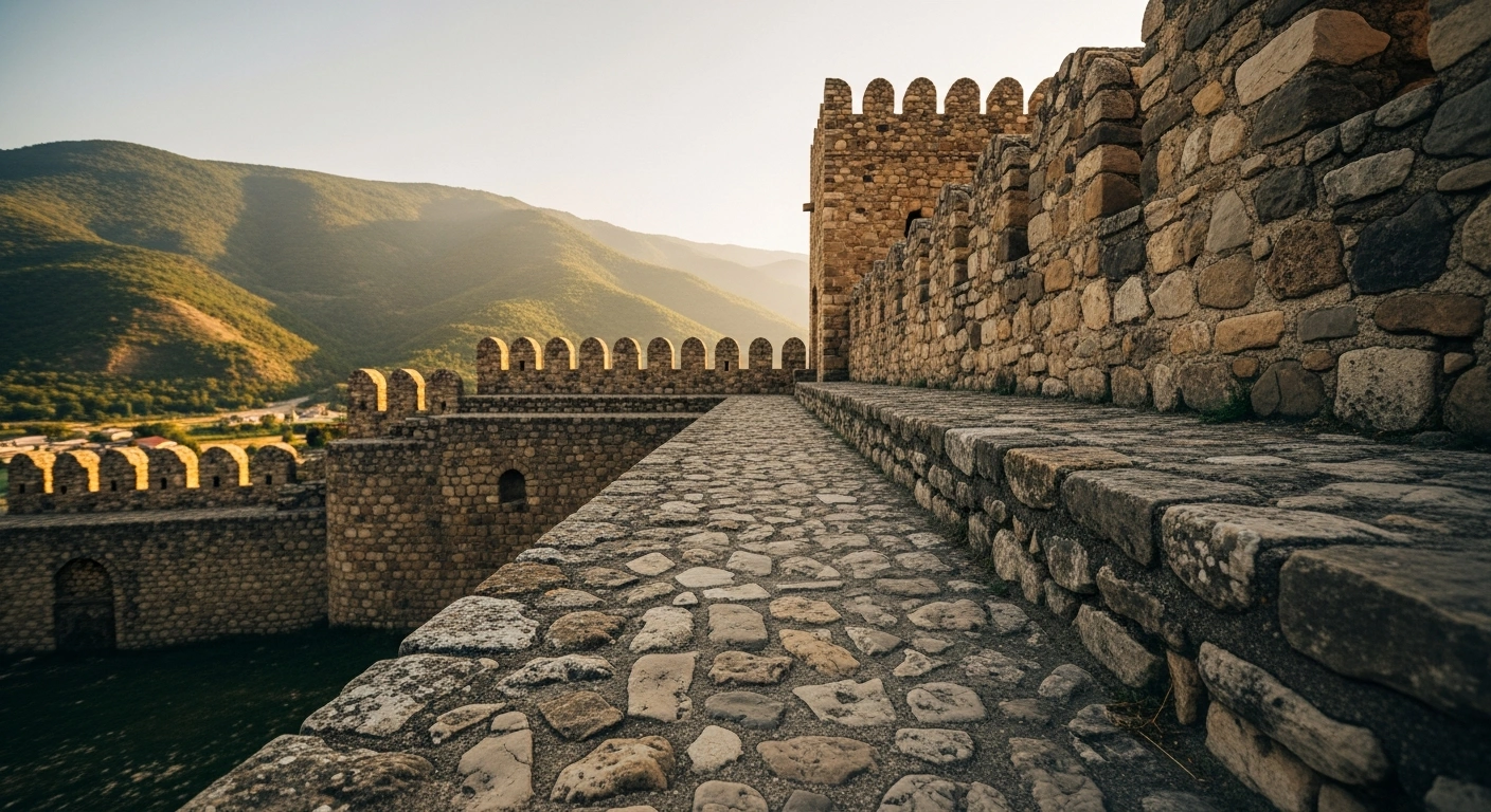 A low-angle view of an ancient stone fortress wall in Shusha, Azerbaijan, representing the city's historical and cultural monuments undergoing preservation.