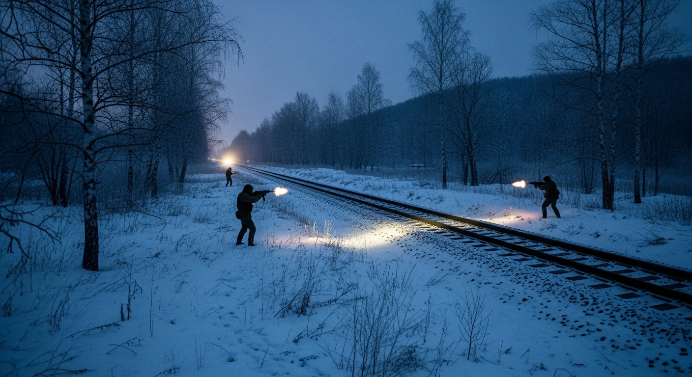 Two alleged railroad saboteurs are engaged in a deadly shootout with Russian Federal Security Service (FSB) agents on a snow-covered railway track in Siberia's Altai Region at twilight, as muzzle flashes illuminate the scene.