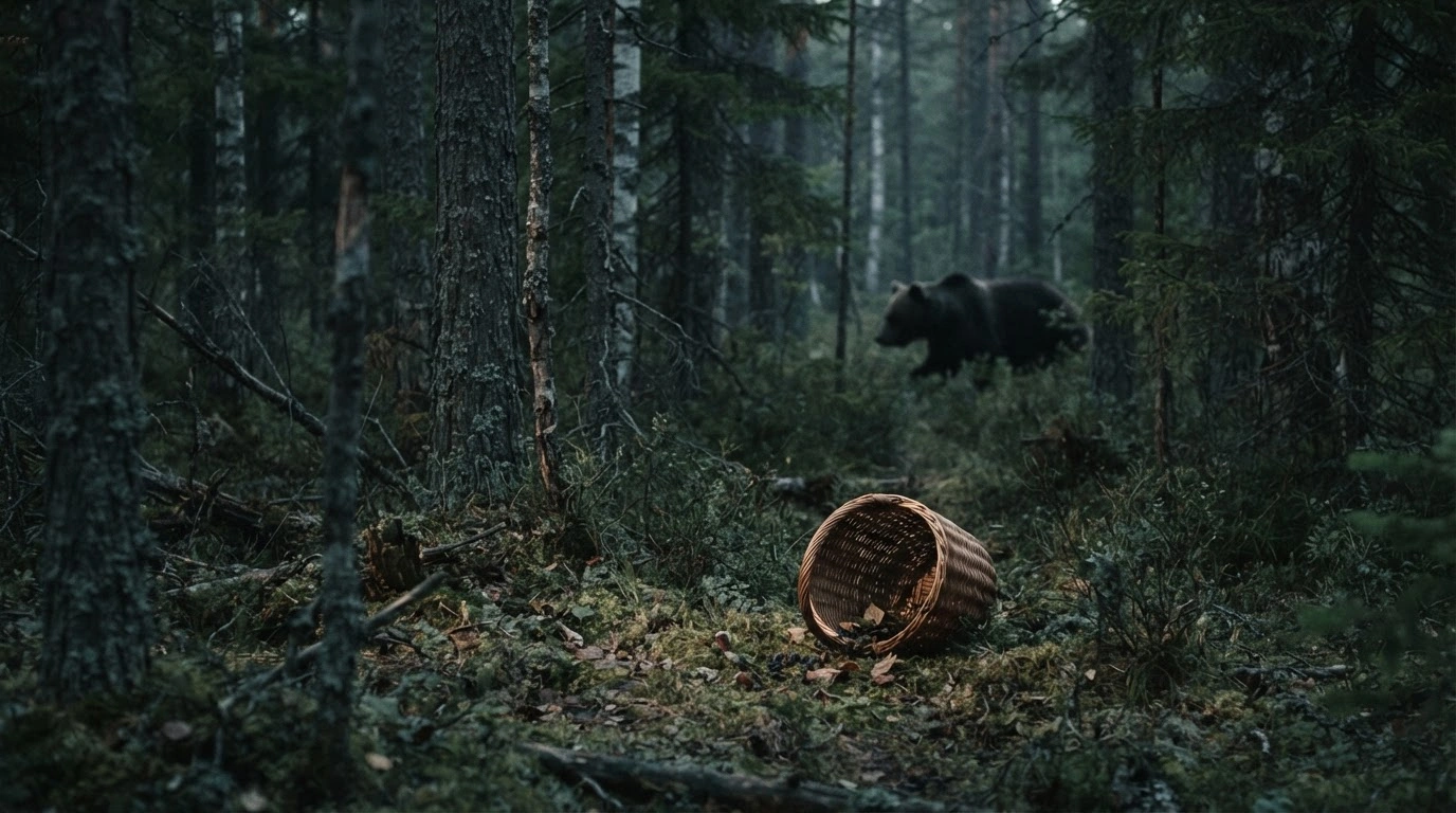 A dense Siberian forest in the Irkutsk region features an overturned basket on the ground, highlighting the danger of bear encounters for berry pickers.