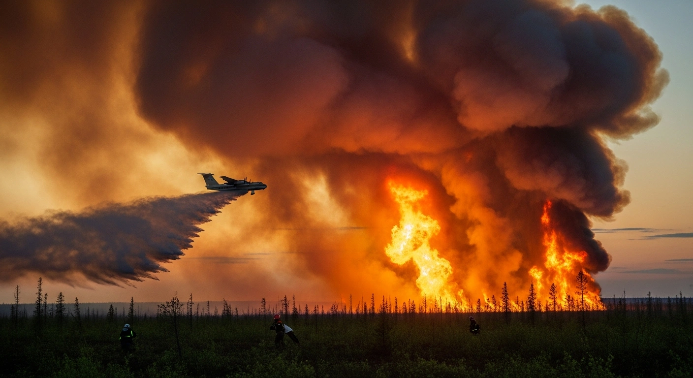 Russian emergency services use specialized aircraft to drop fire retardant on massive wildfires spreading across the forest landscape in the Krasnoyarsk region of Siberia.