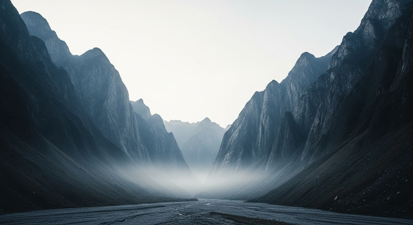 The rugged, mist-covered mountain landscape of the Bowangshan region in Sichuan, China, following a magnitude 4.5 earthquake.